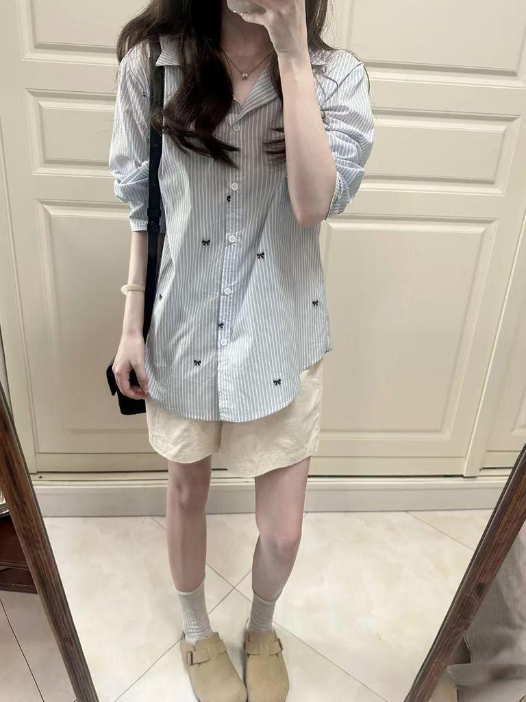 Blue and White Striped Bow-Print Long-Sleeve Shirt for Women - Stylish Early Autumn Mid-Length Top