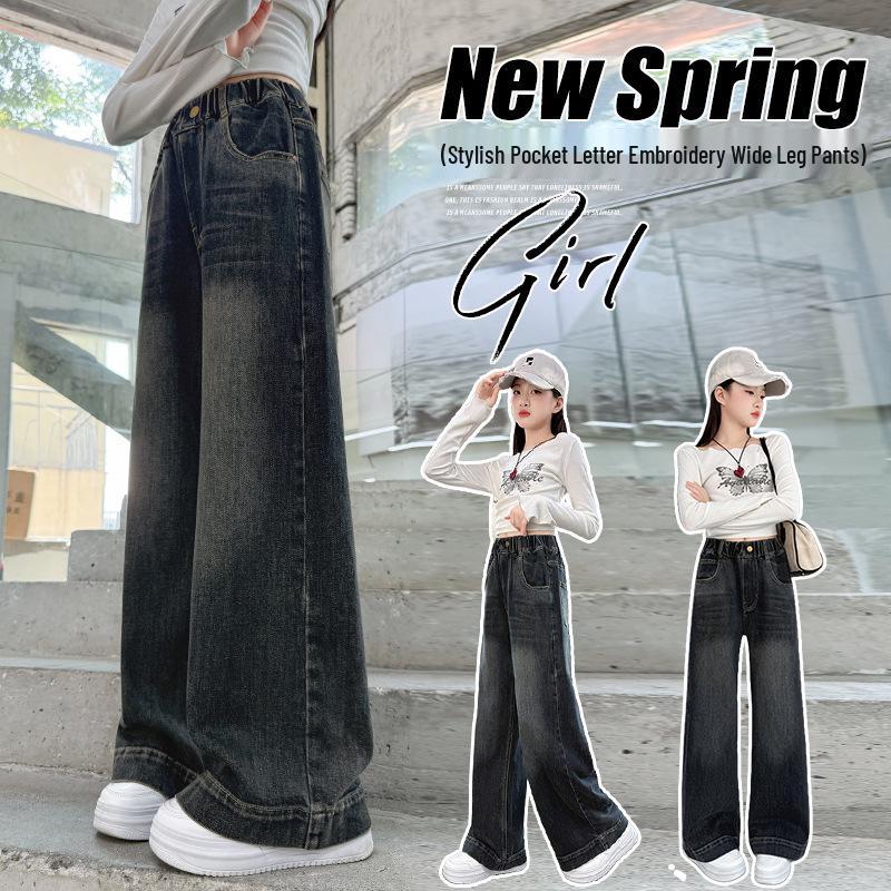 Herbst 2025 Mädchen Modische Bestickte Weitbeinjeans für Große Kinder