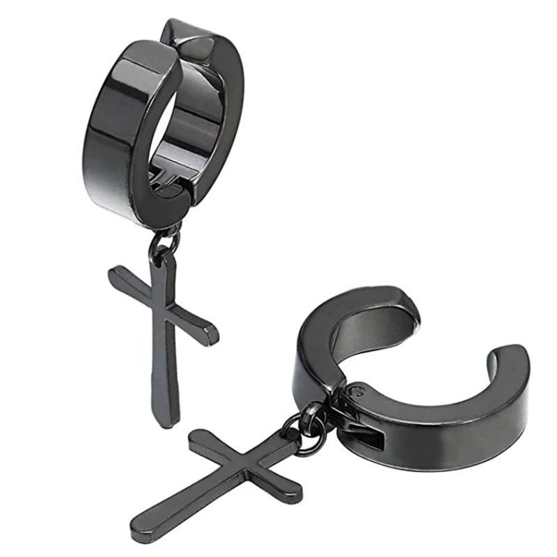 WKOUD 2PCS Stainless Steel No Piercing Cross For Men Kpop Clip On Cross Earring Gothic Punk Fake Ear Cuff Cross Earring Dangle