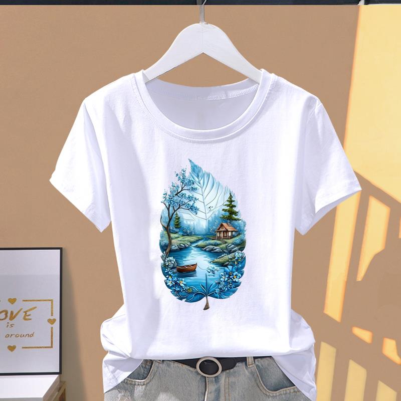 

(Asian Size) style flower cute Casual T Short Sleeve T-shirts Women s Top Print O-neck Fashion Female Clothing Graphic Tee S