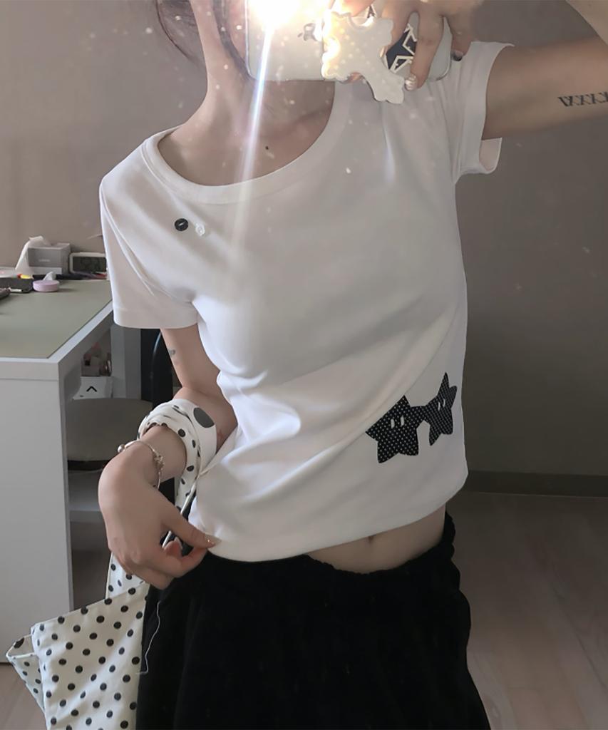 FUZZY SCAN Button Hold Hand Star Slim Short Sleeve