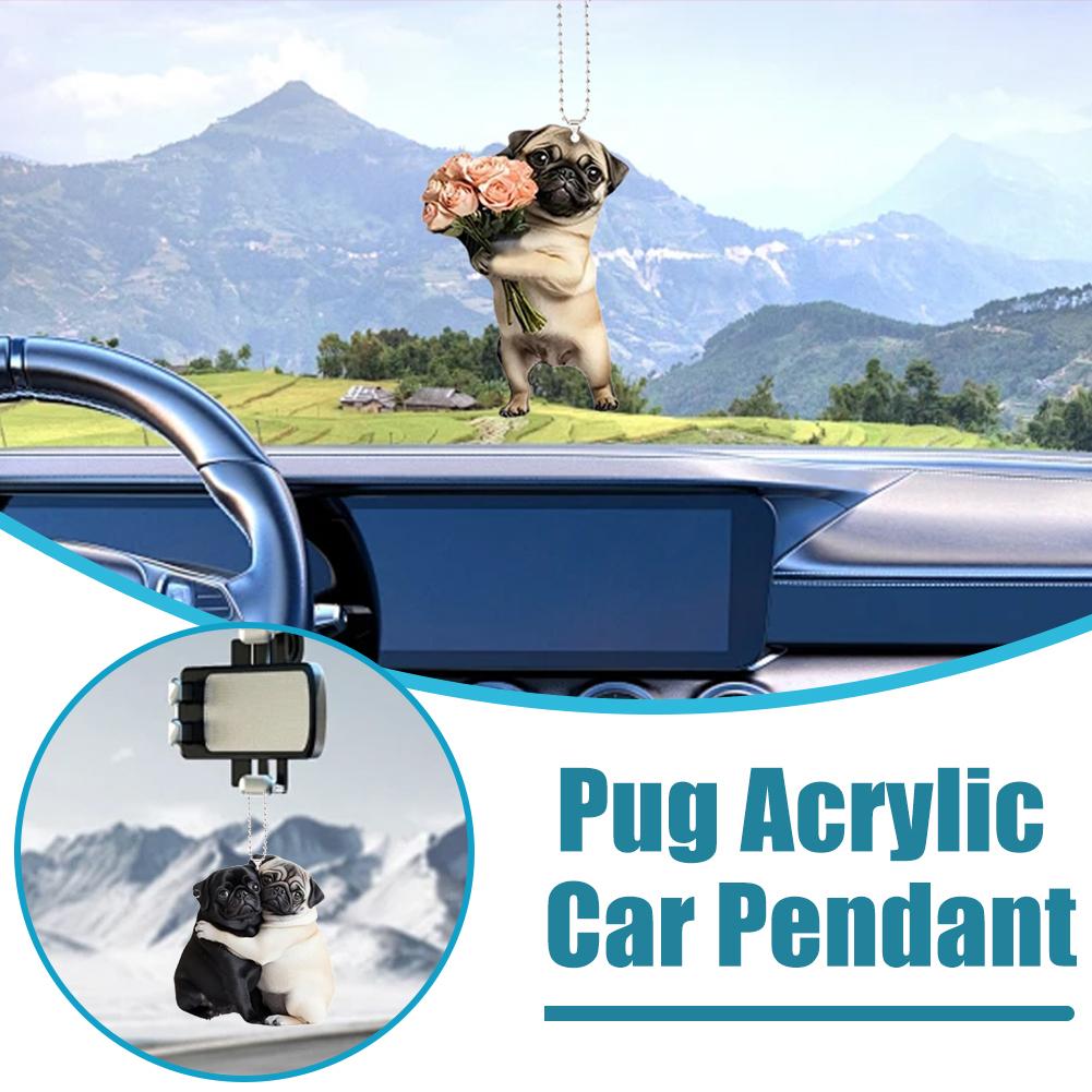 Adorable Pug Acrylic Car Rearview Mirror Accessories 2D Cute Puppy Pendant Ornaments Keychain Charms For Car Backpacks Decor