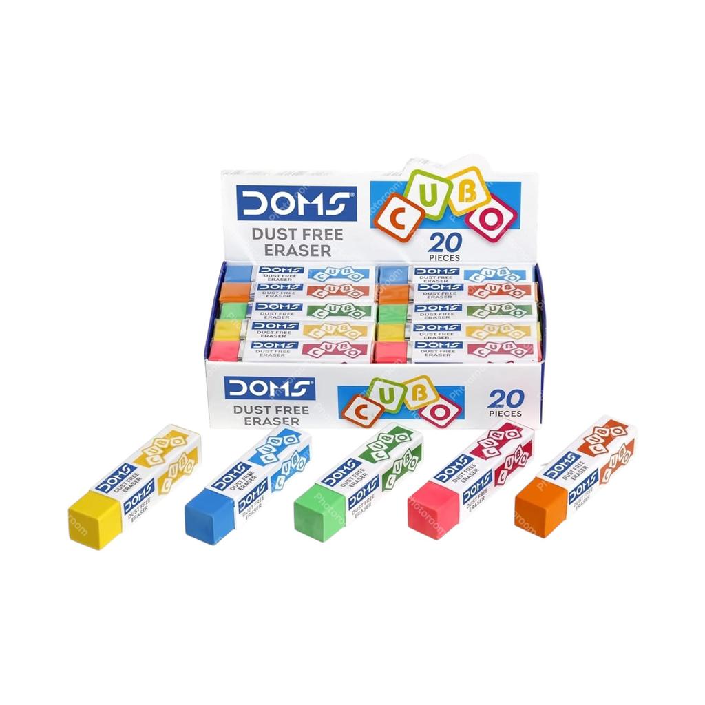 DOMS Dust Free Cubo Eraser Box Pack Multicolor Non Toxic School Erasers Comfortable Grip Pack Of 20 Pcs For Kids