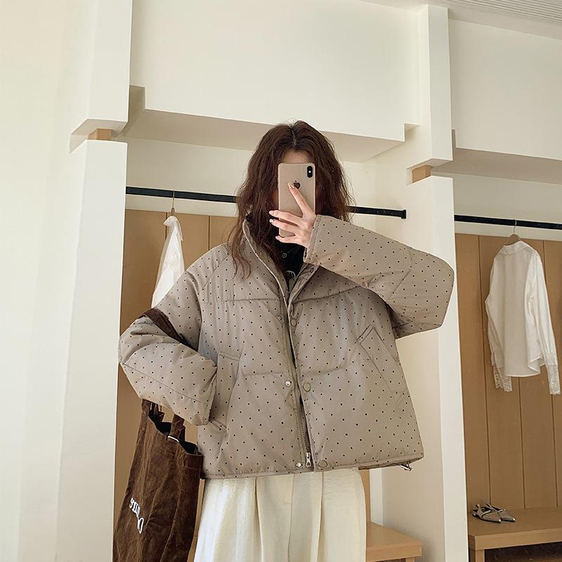Nischen-Polka-Dot-Daunen-Baumwolljacke für Damen, kurz, Winter, neu, vielseitig, süß, kleine Baumwolljacke