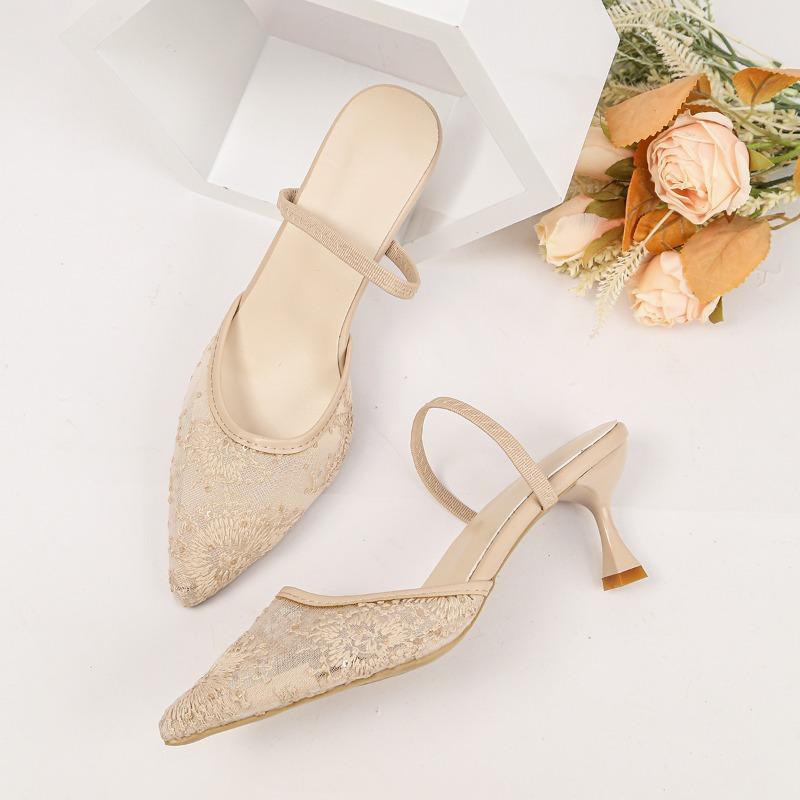Breathable Mesh Pointed Toe High Heels Women's Stiletto Buckle Strap Embroidered Cutout Slippers