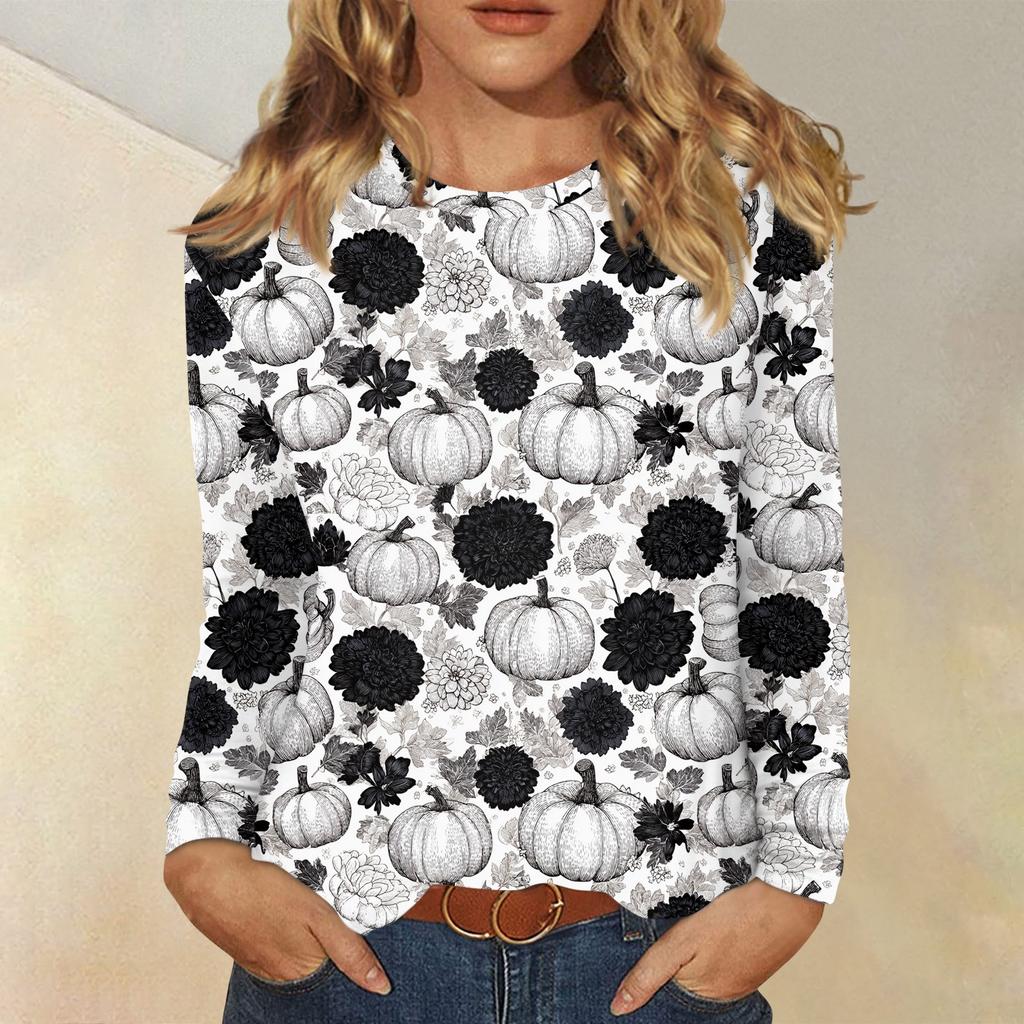 Langarmshirts Für Damen Niedliche Halloween-Print Grafik-T-Shirts Blusen Lässig Große Größen Basis-Oberteile Pullover