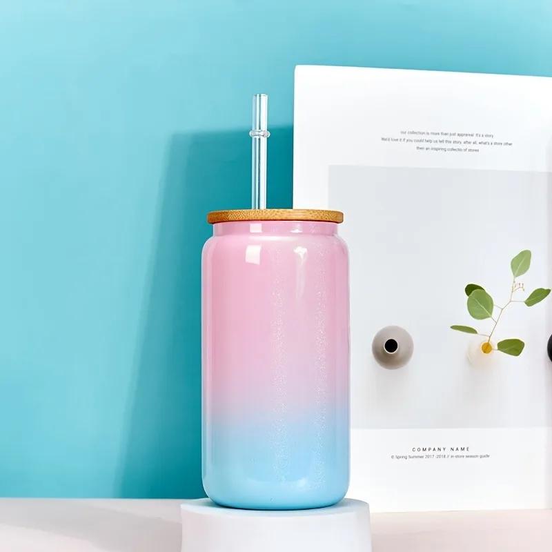 1pc 16oz Glass Tumbler Glitter Glass Jar Shimmer Beer Mug Can Shaped Drinking Glass With Bamboo Lid And Reusable Straw DIY Gifts