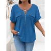2026 Spring/Summer New Plus Size Solid Color Women's V-Neck T-Shirt Loose Top with Zipper Short Sleeves and Faux Pockets