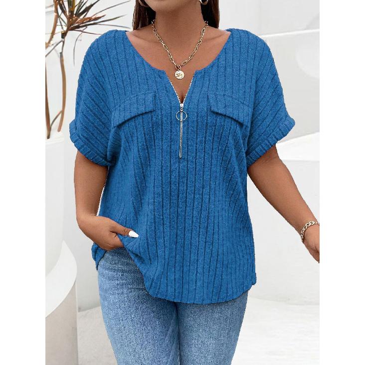 2026 Spring/Summer New Plus Size Solid Color Women's V-Neck T-Shirt Loose Top with Zipper Short Sleeves and Faux Pockets