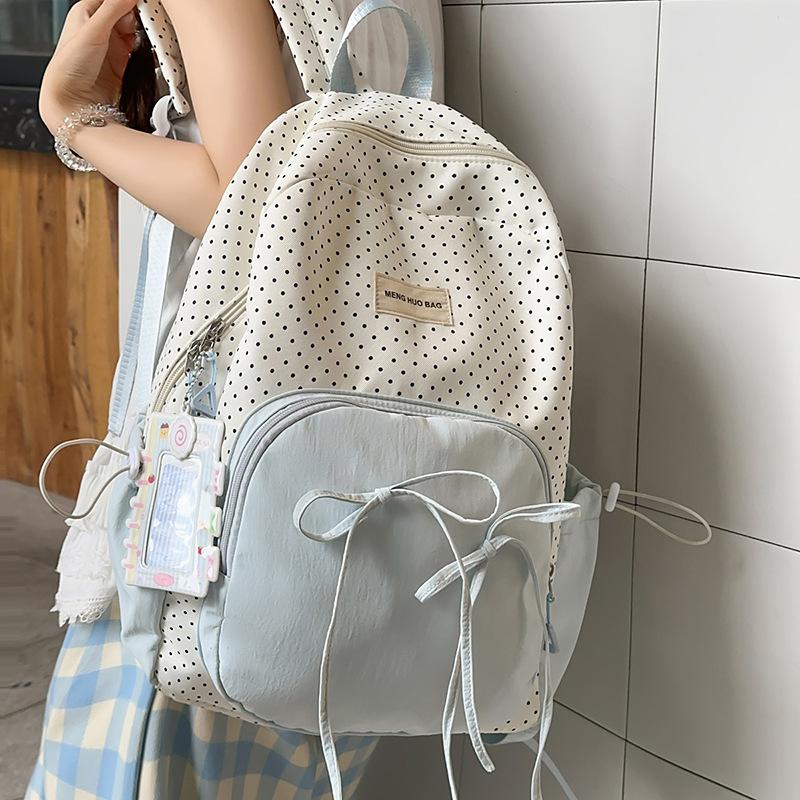 Cute Sweet Girl Backpack Female Korean College Style Bow Polka Dot Backpack Student Commuting Class Schoolbag