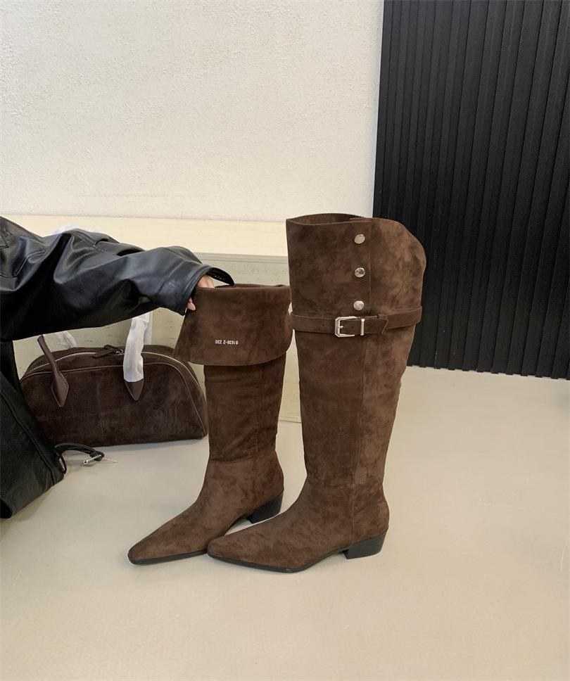 European and American style suede pointed thick heel over the knee boots women's autumn 2025 new belt buckle versatile and thin high boots