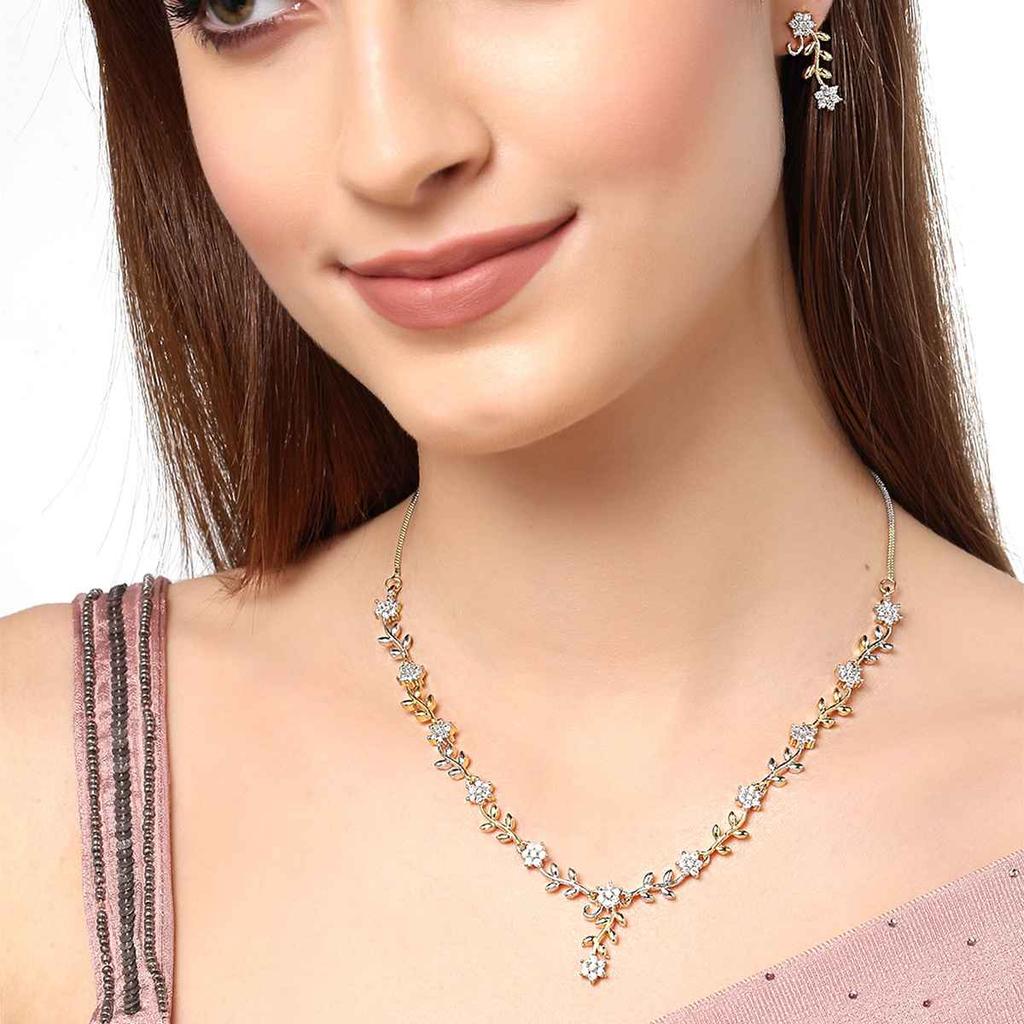 Gold Plated White AD-Studded Leaf & Flower Shaped Jewellery Set For Women