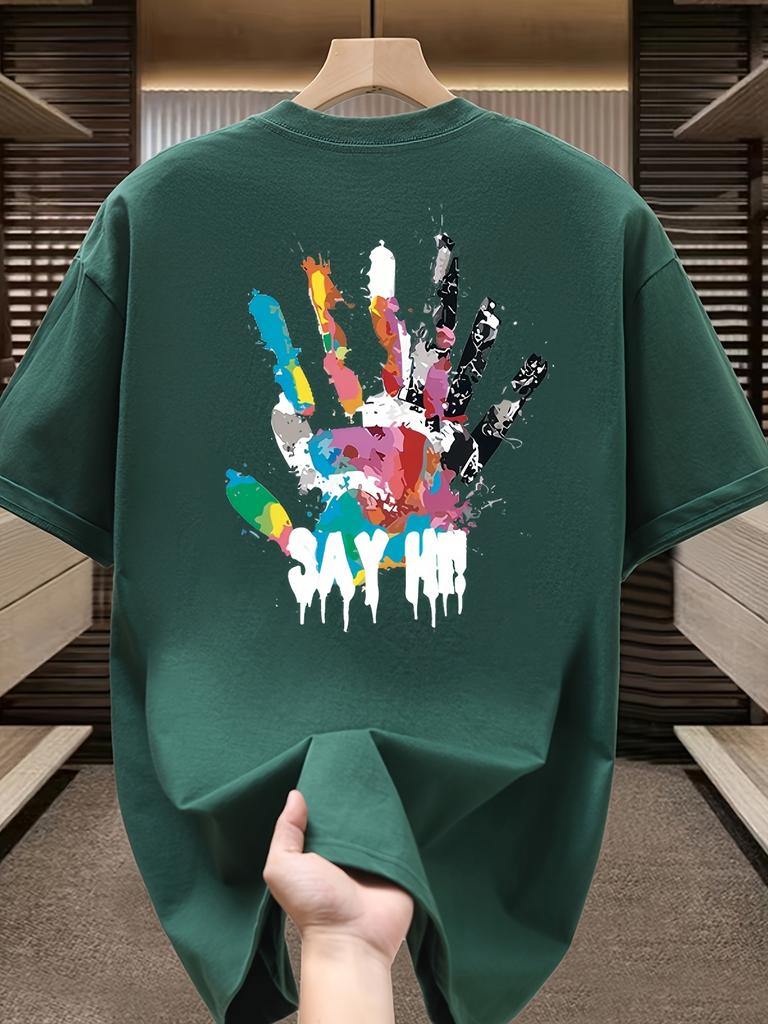 Men's Summer 100 Cotton Fashionable Casual Sports Loose Large Size Color Handprint Round Neck Short Sleeve T-shirt Top