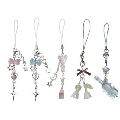 Stylish Fruit Inspired Phone Pendant Keychain Beaded Bowknot Keyring Decorative Straps for Wallet Bag Keychain Case