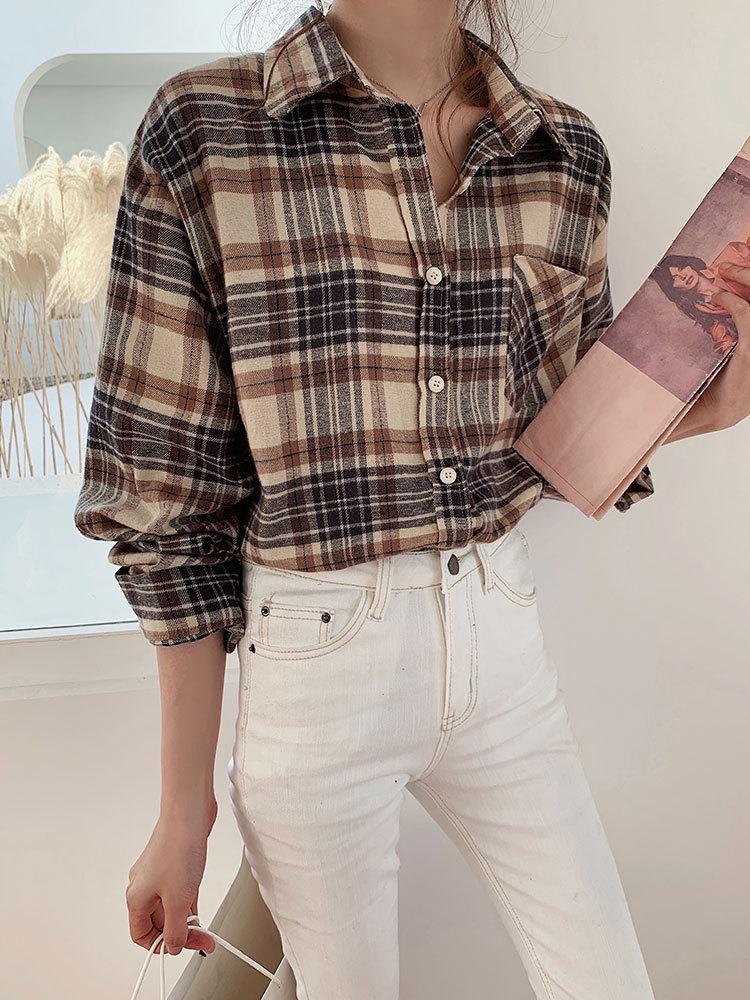 

Женская корейская клетчатая рубашка Dongdaemun - Длинный рукав, Универсальная, Дизайн в стиле Гонконга для весны и осени 2025 года XL хаки