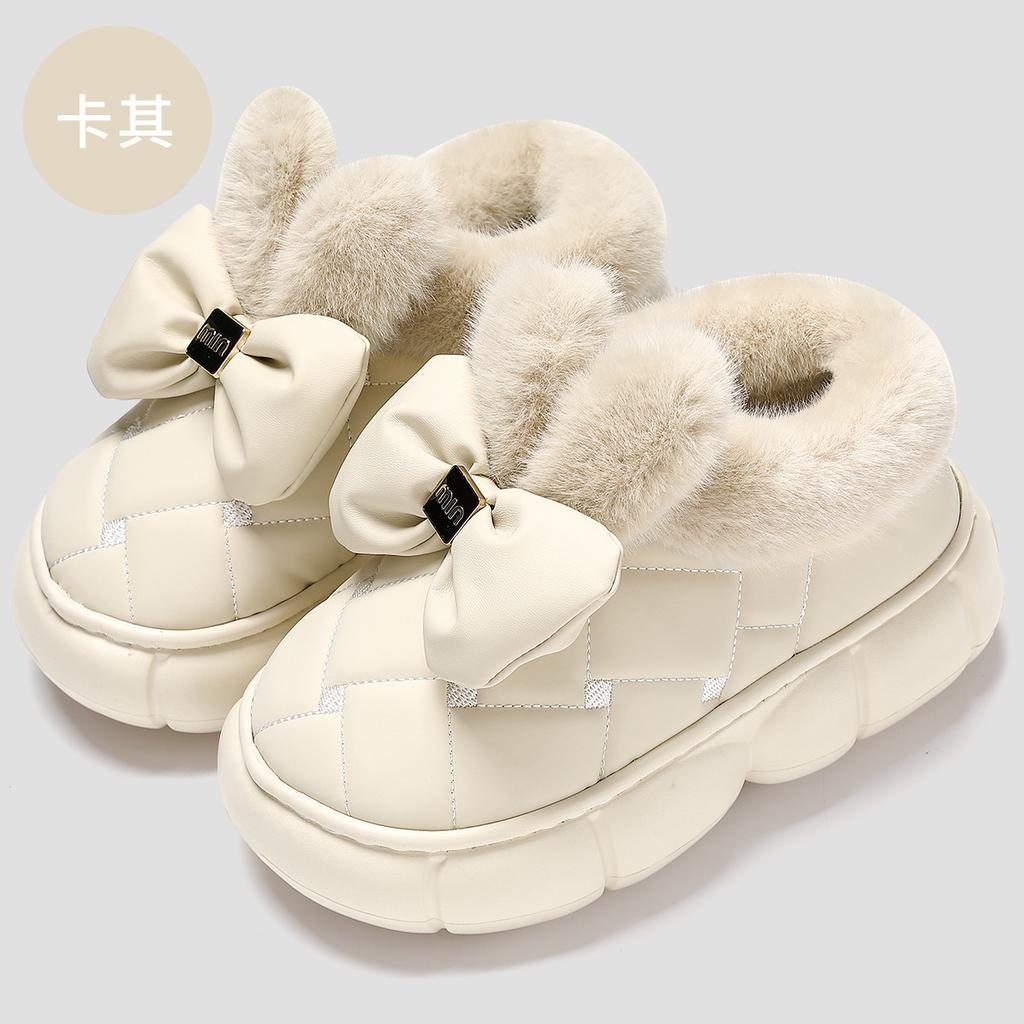 Bow cotton slippers women's winter bag heel cute home household plush warm plush women's cotton shoes winter