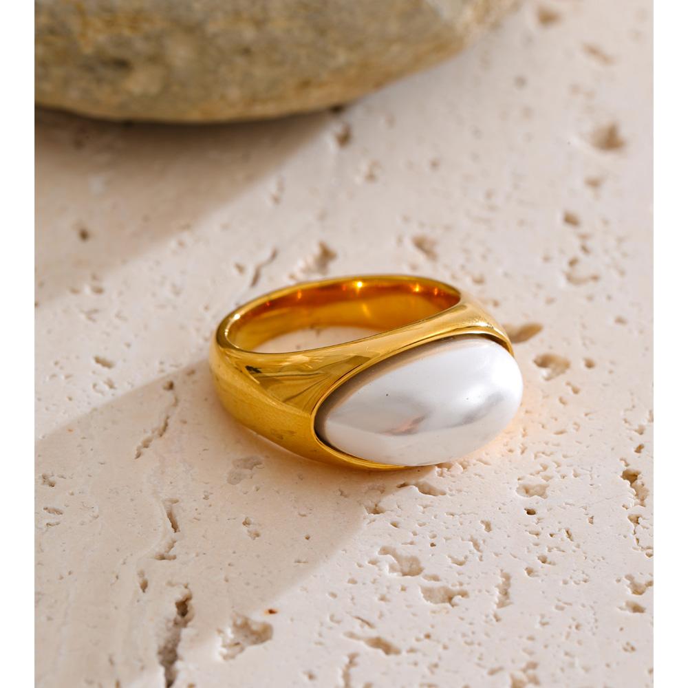 Yhpup Size 678 Simulated Pearls Geometric Fashion Golden Ring 2025 Stainless Steel Finger Chic Charming Jewelry Accessories