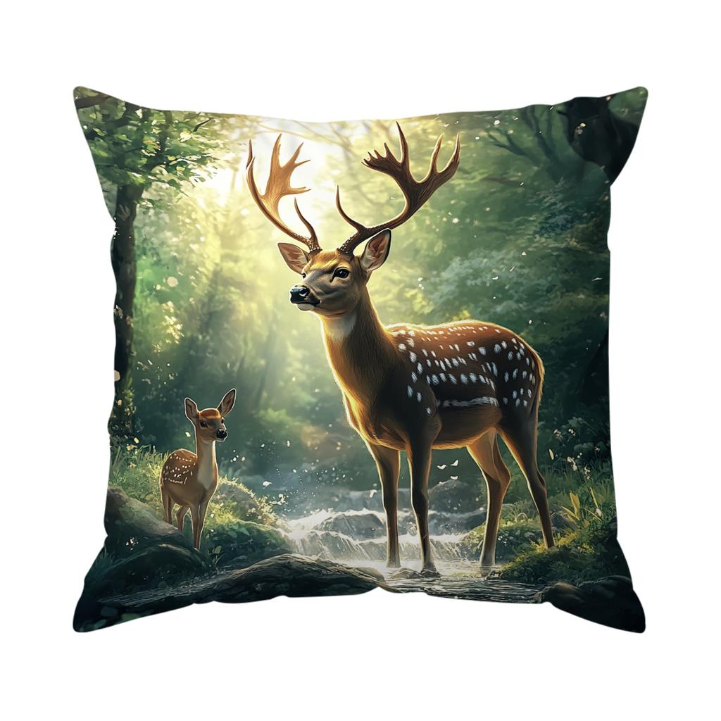 Green Forest Deer Cushion Pillowcase Printed Polyester 45X45Cm Throw Pillowcover Decorative Sofa Cushion Pillowslip Home Decor
