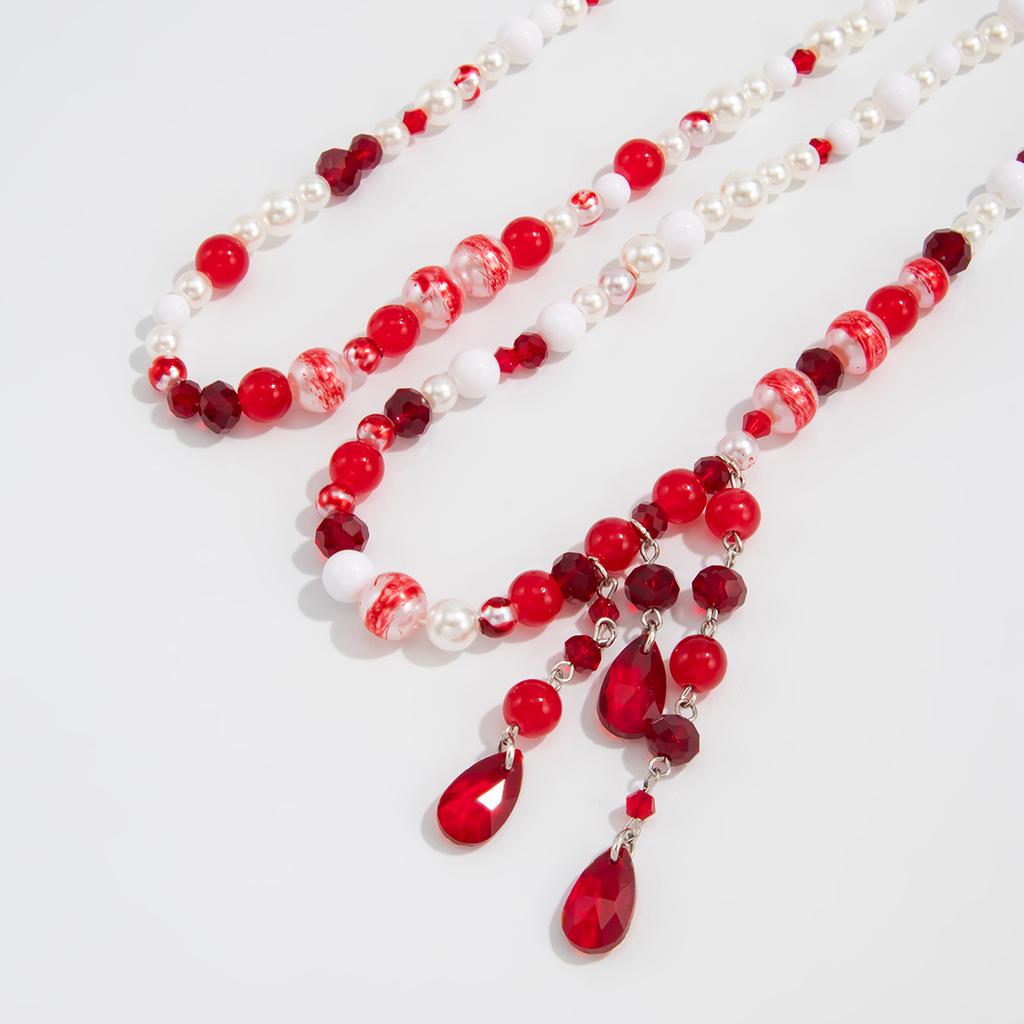 Creative Halloween Blood Imitation Pearl Beaded Necklace, Wind Red Imitation Crystal Fringed Necklace