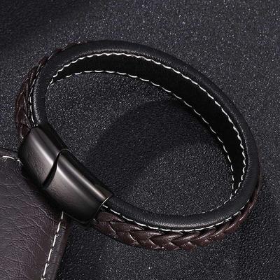 Leather Bracelets Of Men Brown Black Braided Leather Charm Stainless Steel Clasp Punk Bangles WristBand Gift