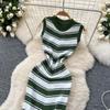 Sommer Frauen Ärmelloses Gestreiftes Gestricktes Quaste Schlank Bodycon Etuikleid Pullover Kleider