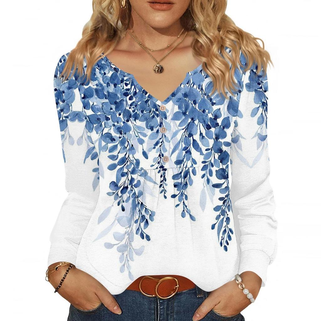 Women's Fashionable Casual V-neck Blouse Button Long-sleeved Pullover T-shirt Top