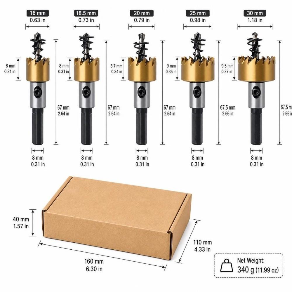 5PCS 16-30mm Diameter Hole Saw Kit Titanium Coated Metal Hole Cutter HSS Hole Saw For Aluminum
