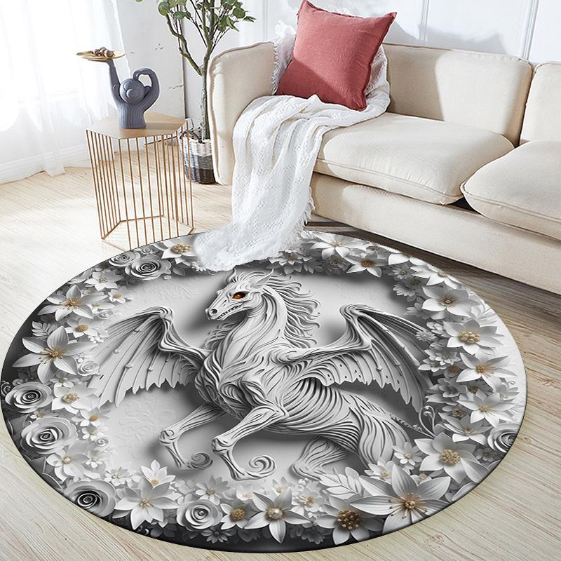 

White Relief Animals,Round Area Rug,Carpet Rug for Living Room Bedroom Sofa Playroom Decor,Non-slip Floor Mat 80cmx80cm