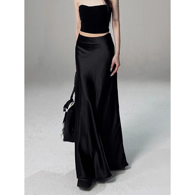 

Plus Size Acetate Satin Skirt Women s Summer Plus Size Ladies High Waist Slim Looking Elegant Fishtail A- line Long Dress Silky Drape Elegant Black 3XL [80.00 kg-90.00 kg]]