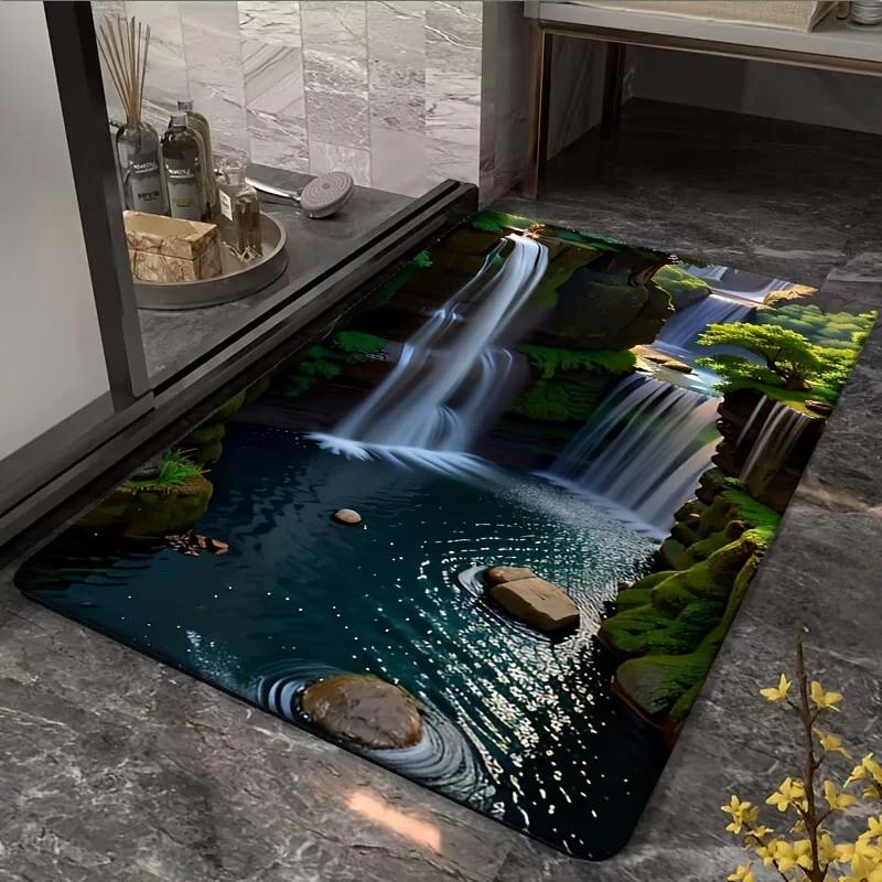 3D Wasserfall-Landschaft Teppich Stufe Natur Fußmatte Rutschfest Realistischer Teppich für Wohnzimmer Schlafzimmer Flur Kreative Heimdekoration