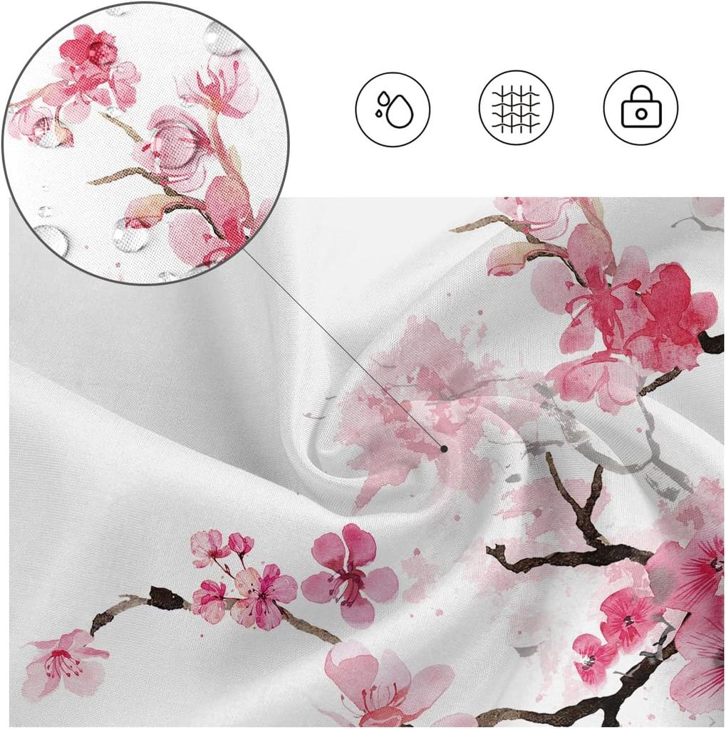 Shower Curtain Pink Cherry Floral Flowers Sakura Plum Blossom Japanese Asian Style Polyester Fabric 12 Pack Plastic Hooks