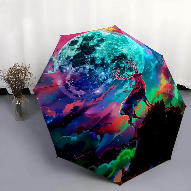 Moonlit Deer Fantasy Theme 8 Bone Hand Automatic Folding Fashion umbrella, Compact and Portable Design, A Perfect Gift for Birthday, Christm