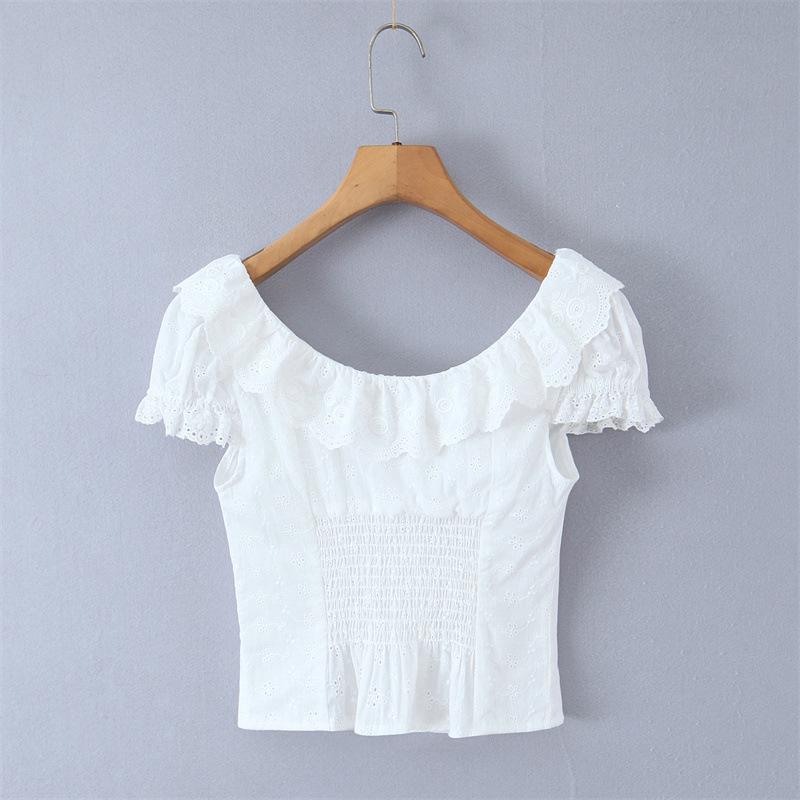 Chemise Blanche à Manches Bouffantes et Col en Dentelle - Haut Rétro pour Femme à Boutonnage Simple, Brodé et Cintré à la Taille