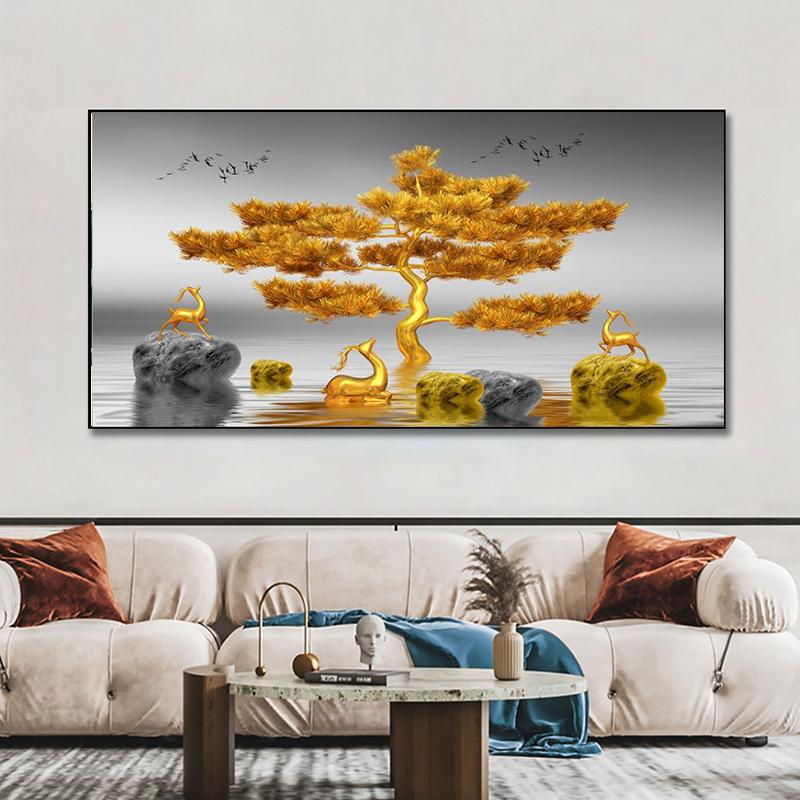 

Абстрактное золотое дерево гинкго с изображением лося, холст, живопись, постеры и принты, настенные художественные фотографии, домашний декор для гостиной, без рамки #N/A