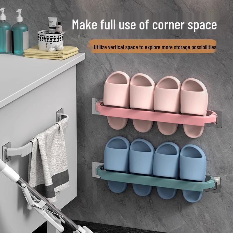 Punch-Free Wall-Mounted Bathroom Shoe Rack: Draining Slipper Holder Behind Door.