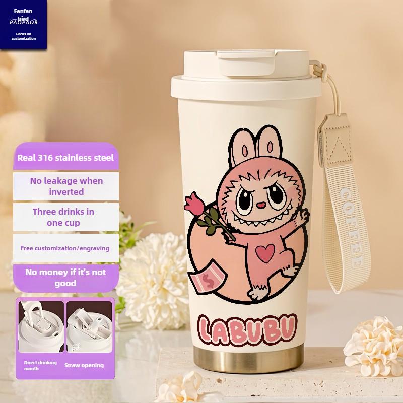 Tecknad Rostfri Stålkopp Högvärdig Termosmugg 3D Dubbel Drickstrå Kaffekopp