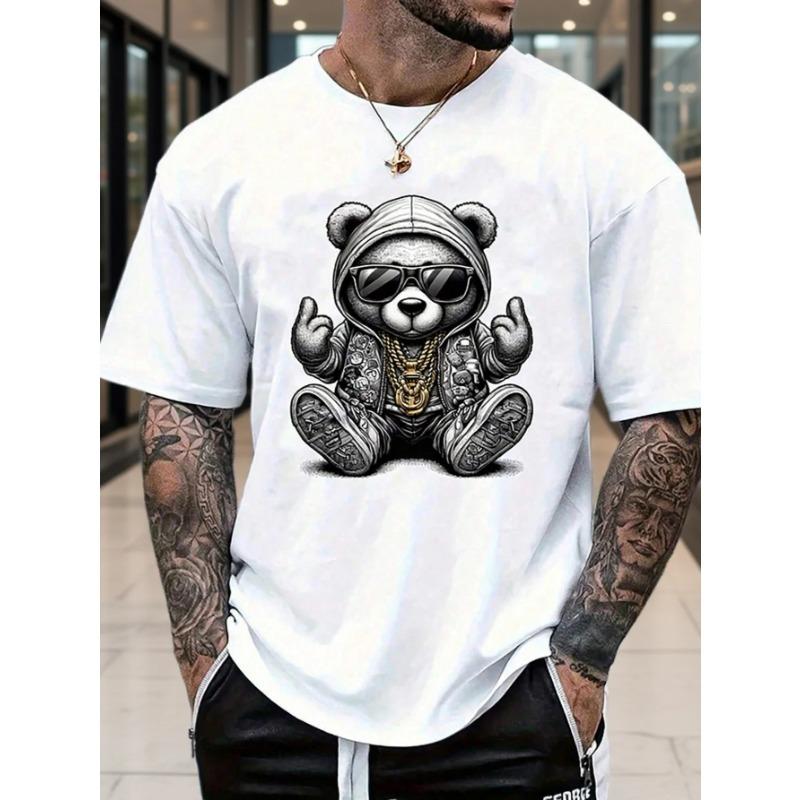 Summer Trend Streetwear Men T-shirt Relaxed Fit Design Cartoon Bear Pattern 100% Pure Cotton Soft Material Fashionable Versatile