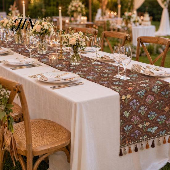 Classic Style Table Runner Jacquard Floral Runner, Vintage with Tassel Edges, Heat Resistant Farmhouse for Wedding Baby Shower Dining Decor