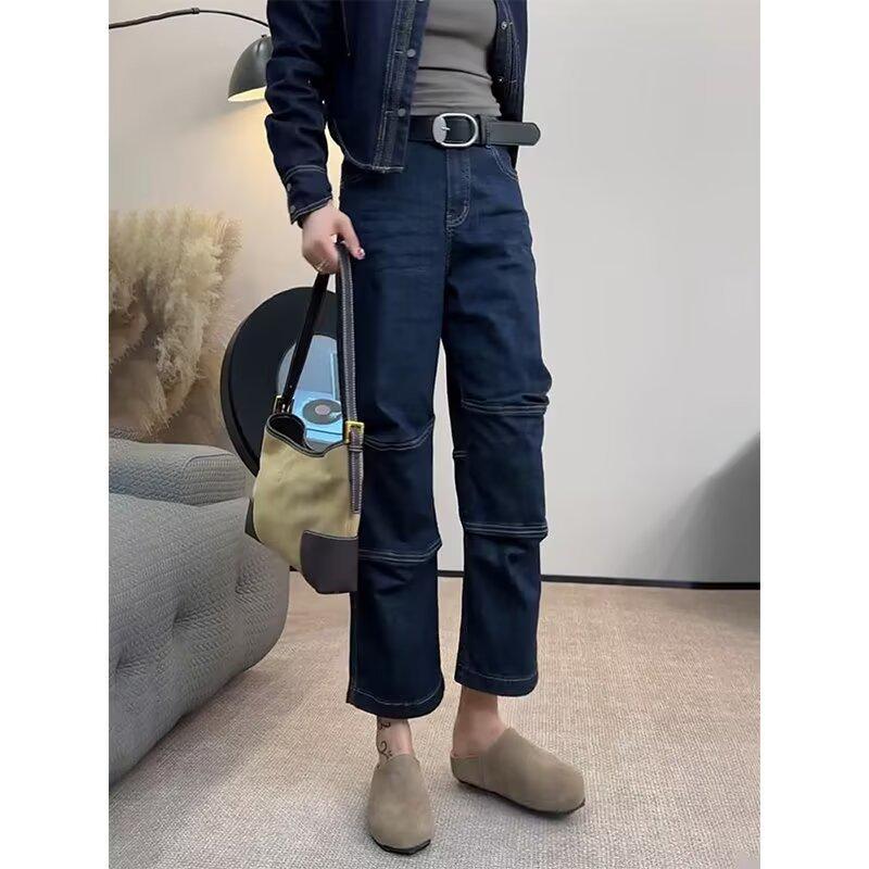 Women's Large Straight-Leg Jeans - Autumn/Winter 2024, Loose Fit, Slim Nine-Point Wide-Leg Style