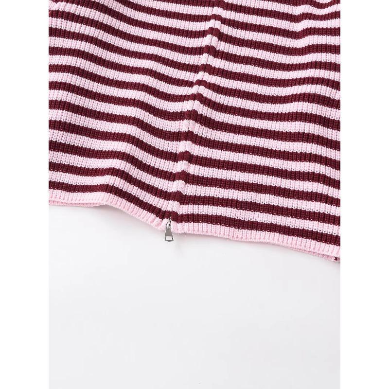 Frühling Damen Locker Fauler Stil Pullover Cardigan Ausgestellter Revers Langarm Doppelkettenstreifen Strickmantel
