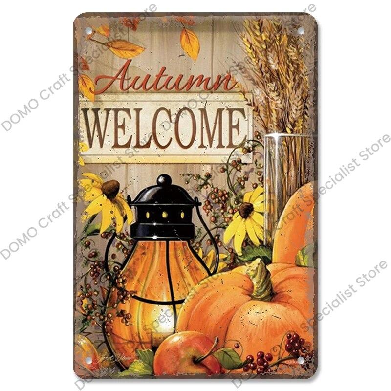 Welcome Poster Metal Plate Vintage Pumpkin Sunflower Bird Metal Tin Signs Wall Decor Garden Door Cafe Party
