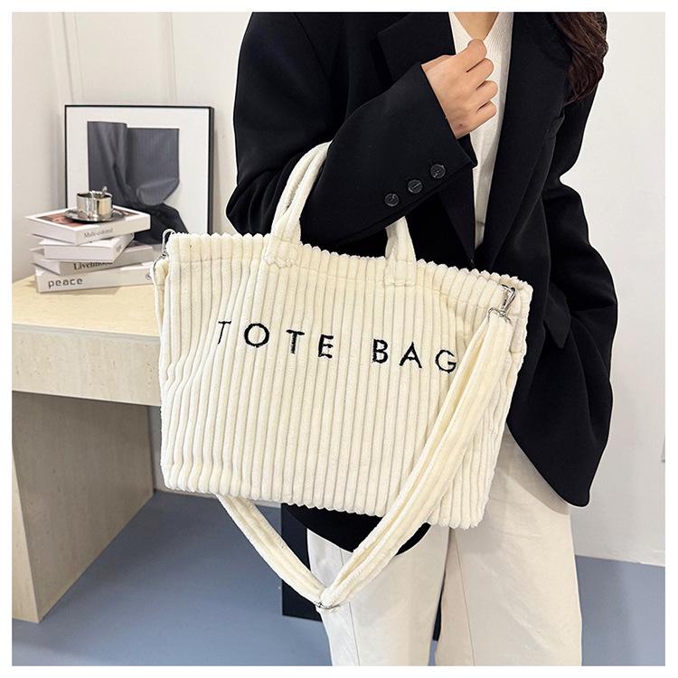 Women's 2025 Fashionable Corduroy Tote Bag with Letter Embroidery - Trendy Single Shoulder Handbag