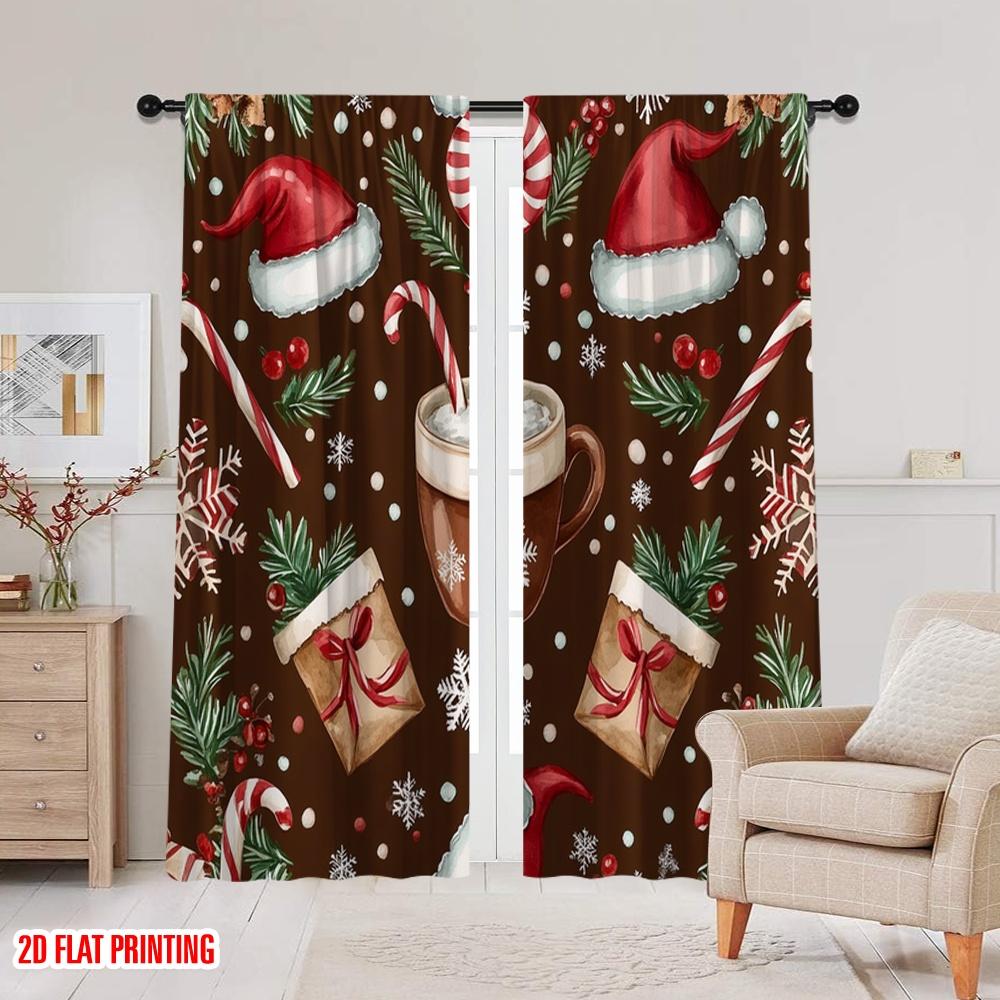 2 Stück, 2D-Flachdruck Lichtfilternde Vorhänge Weihnachten Kaffee Schneeflocken Feiertag (2) Vielseitiger Stoff (ohne Stange) Geschenknutzung