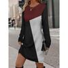 Womens Heart Print Round Neck Long Sleeve Plaid Patchwork Midi Dress Elegant Casual Office Wear