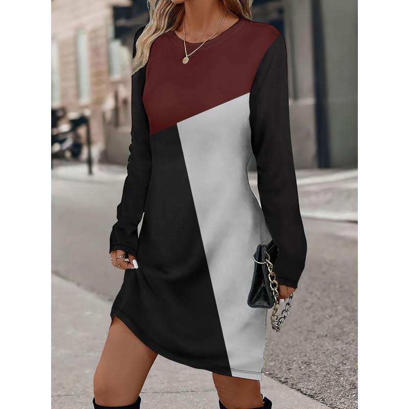 Womens Heart Print Round Neck Long Sleeve Plaid Patchwork Midi Dress Elegant Casual Office Wear