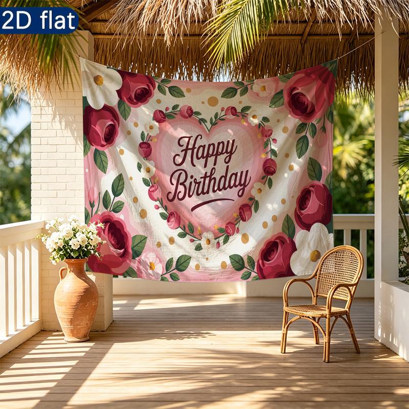 Birthday Party Roses Floral Gifts Banner, Pink Polyester Backdrop for Wall Hanging Decor