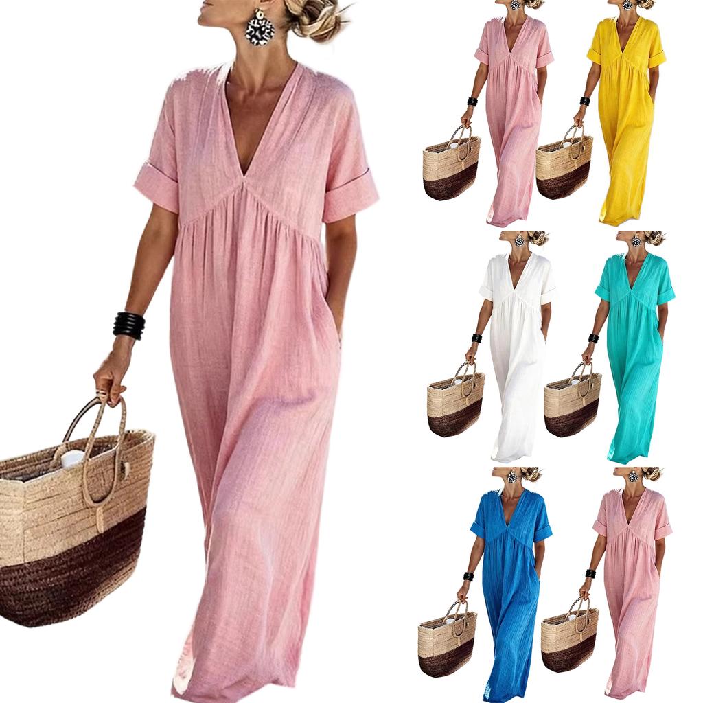 Women's Vacation V-neck Short Sleeved Women's Long Skirt