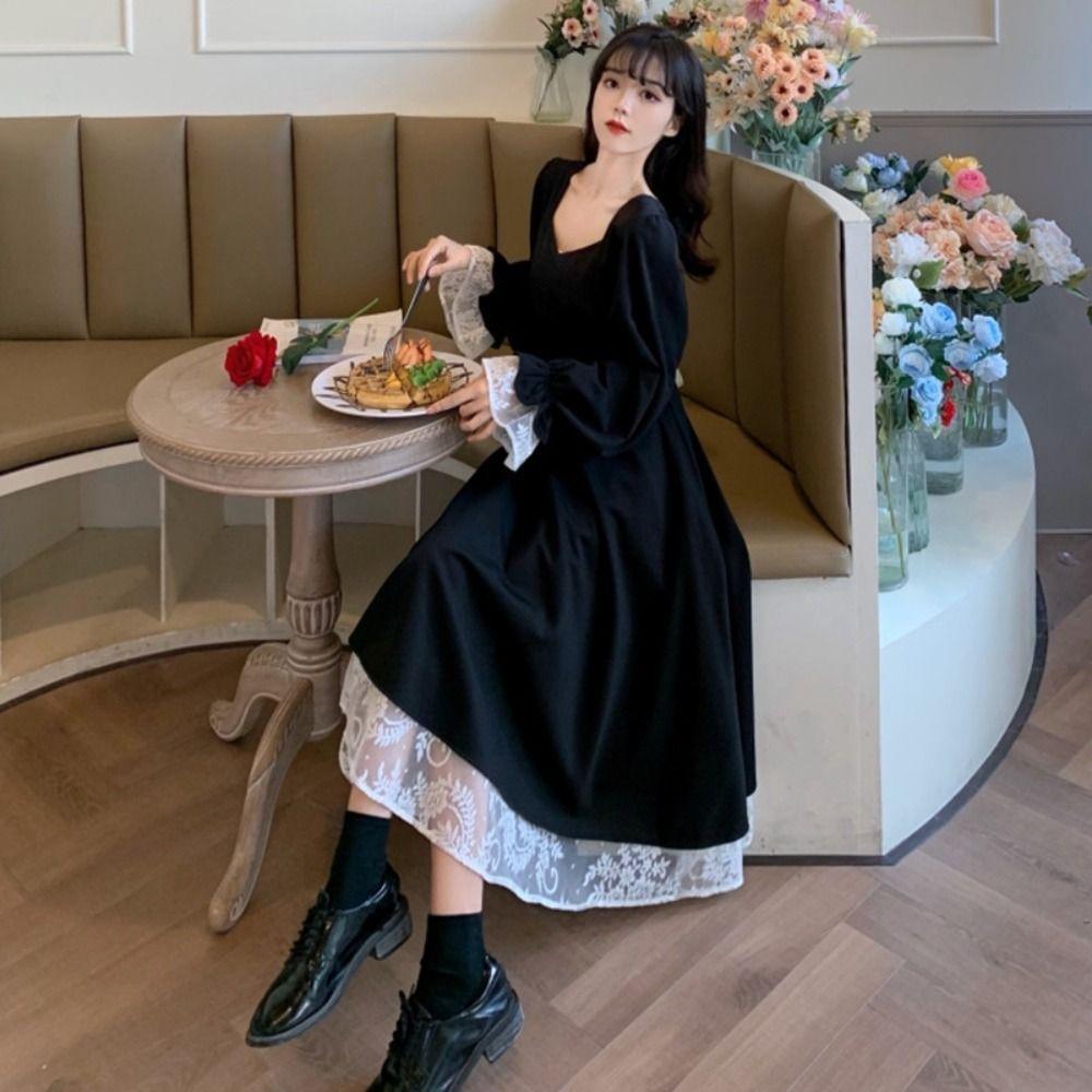 Slim Fit Lace Princes Dress Pleated Puff Long Sleeved Dress Fashion Girls Long Dress  Ladies