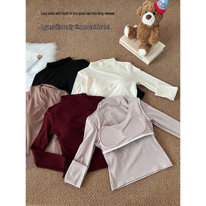 

Женская облегающая футболка с полувысоким воротником и длинным рукавом со встроенным бюстгальтером - Коллекция Осень/Зима 2025 Gray Purple