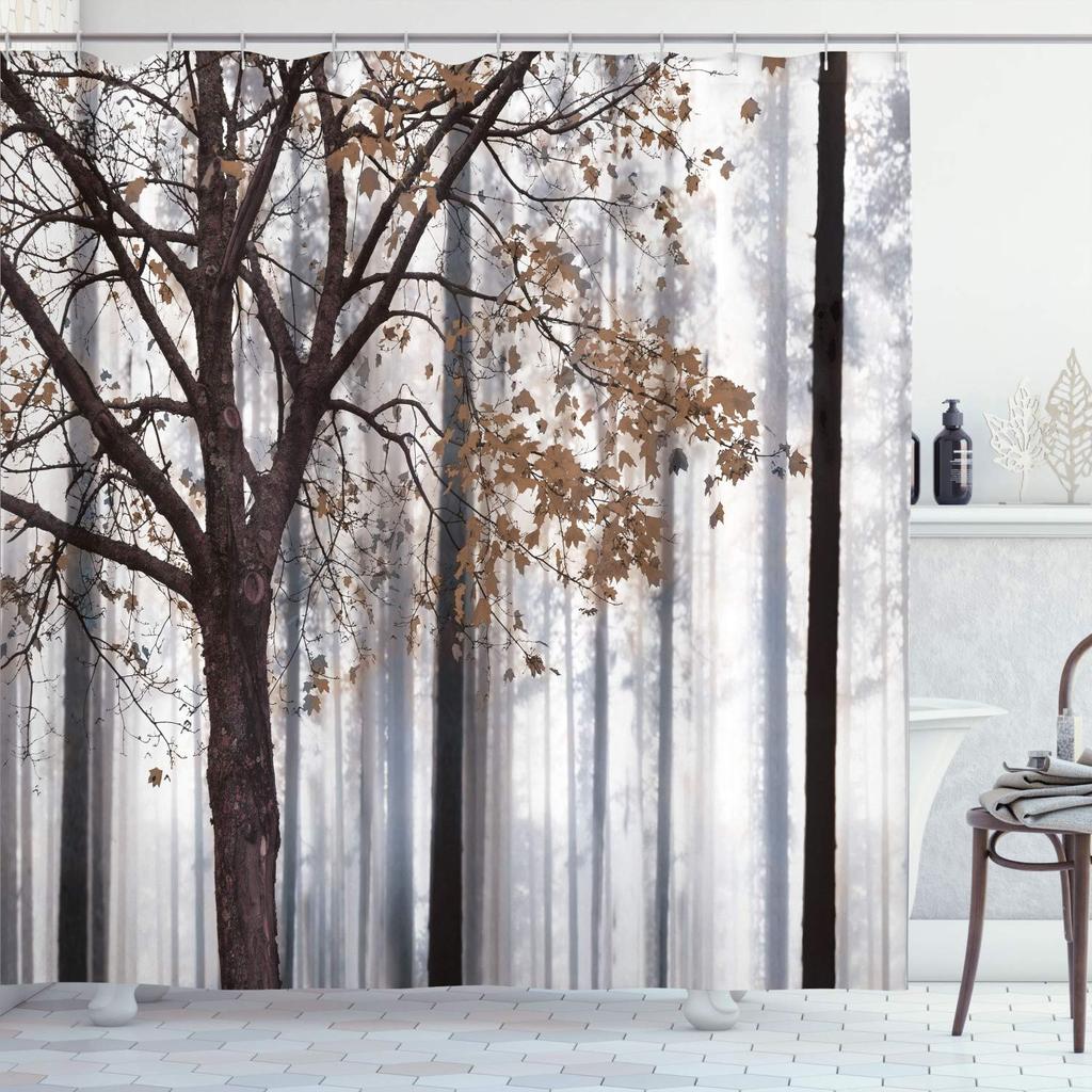 Autumn Shower Curtain,Fall Season Theme Forest Tree Leaves on An Abstract Woodland Background Bathroom Curtains with Hooks